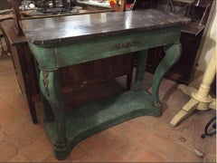 French Console Green Painted with Black Marble Top from Late 19th Century