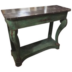 French Console Green Painted with Black Marble Top from Late 19th Century