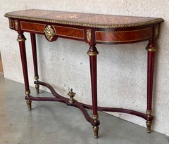 French Console Napoleon III Style Mahogany and Brass with Marquetry