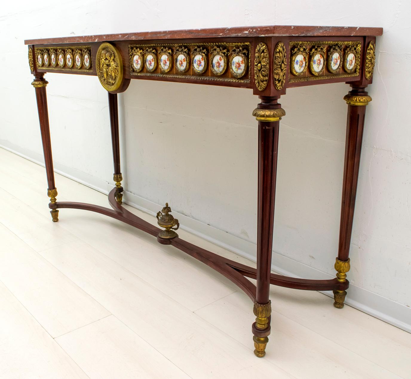 French Console Napoleon III Style Mahogany and Brass with Porcelain Plaques In Good Condition In Puglia, Puglia