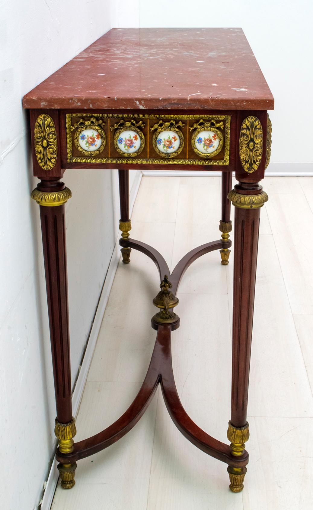 Late 20th Century French Console Napoleon III Style Mahogany and Brass with Porcelain Plaques