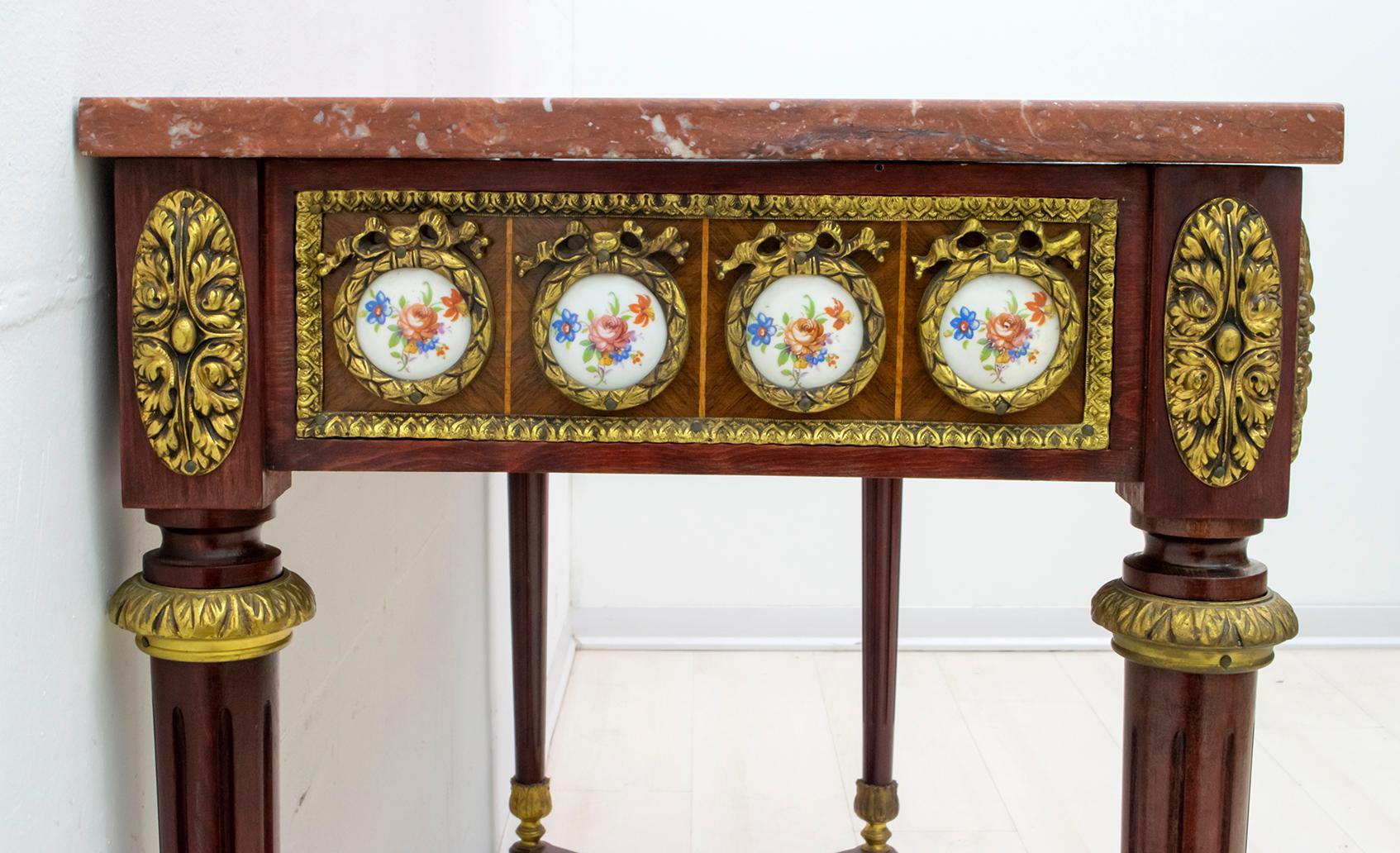 French Console Napoleon III Style Mahogany and Brass with Porcelain Plaques 1