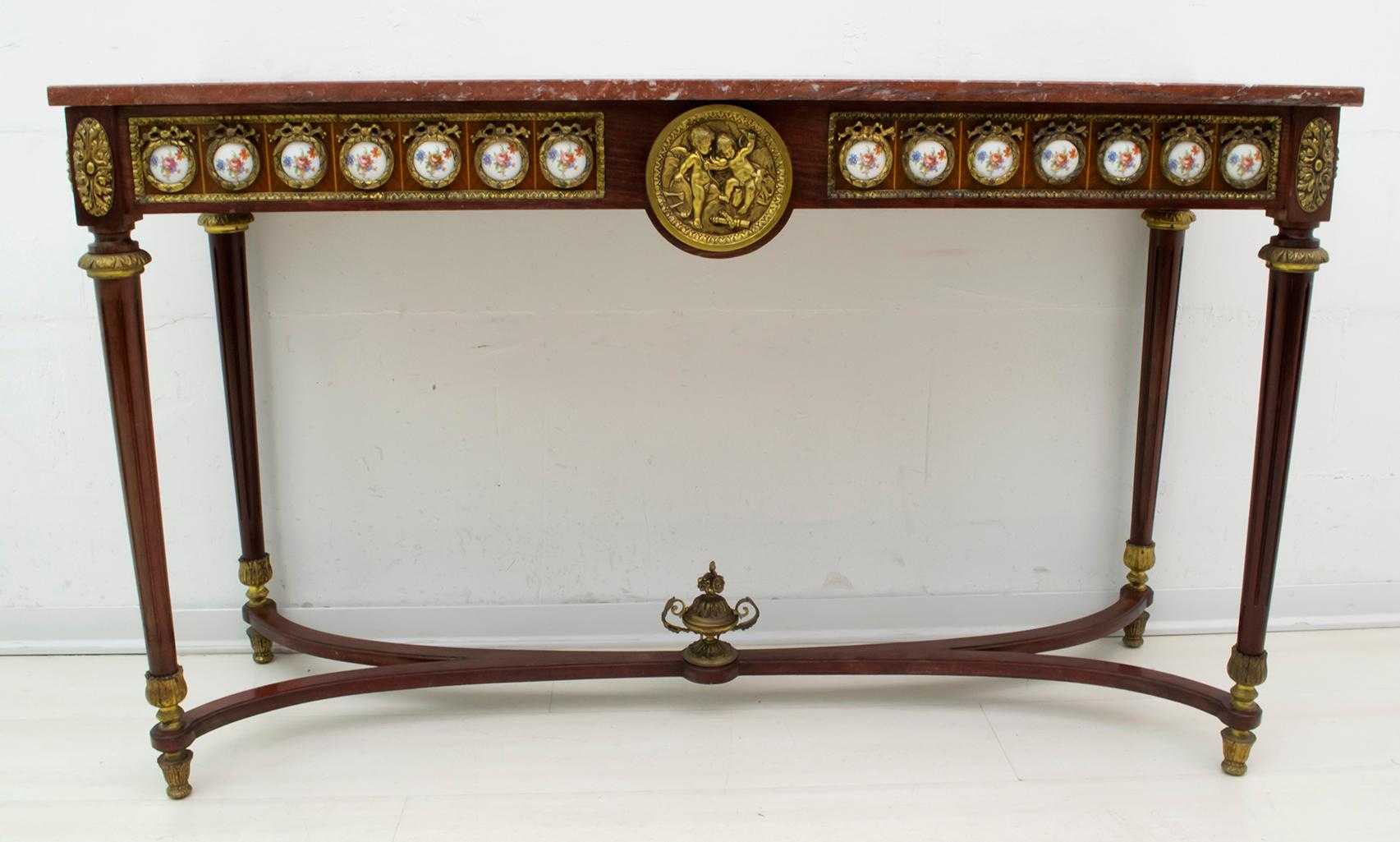 French Console Napoleon III Style Mahogany and Brass with Porcelain Plaques 2