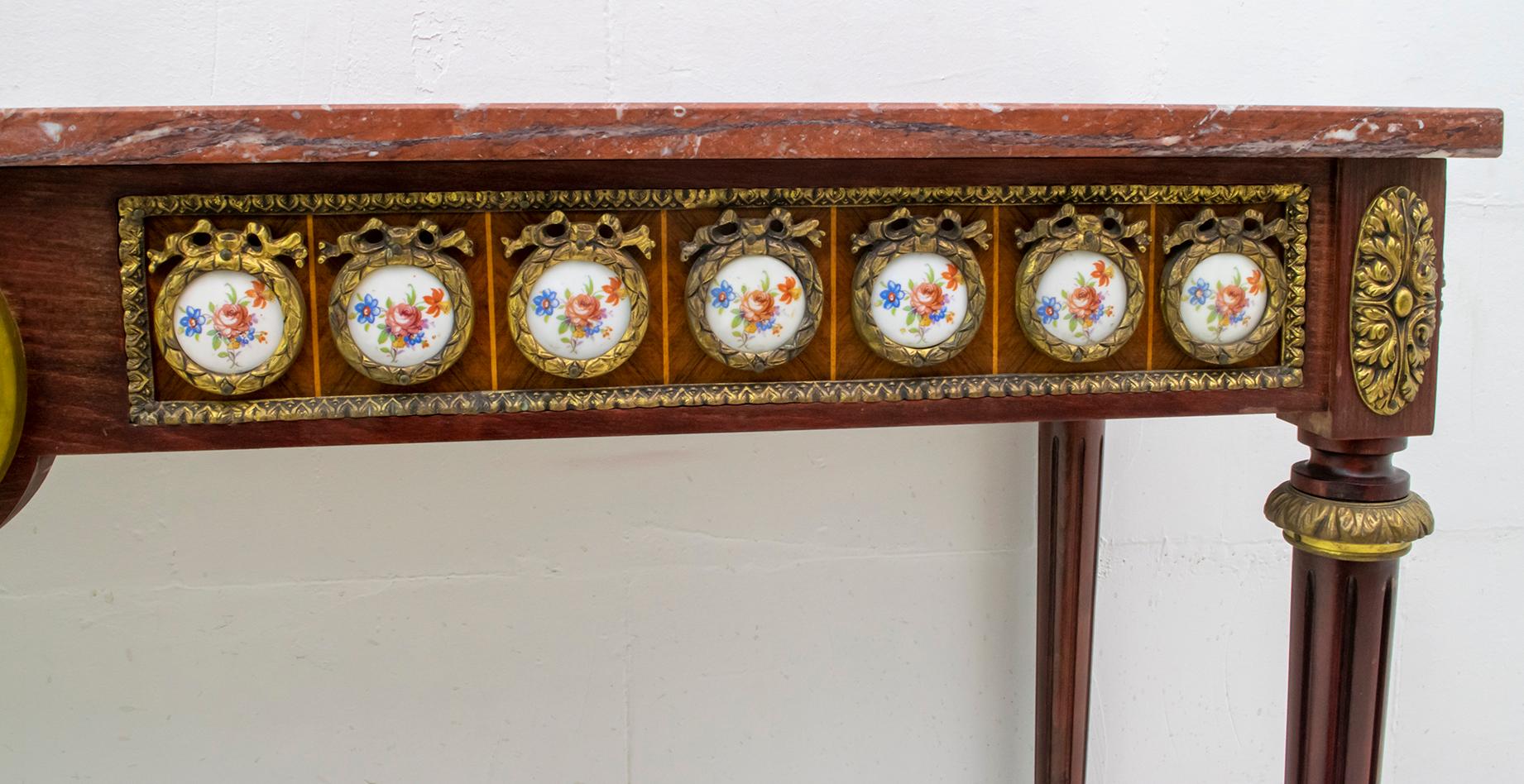 French Console Napoleon III Style Mahogany and Brass with Porcelain Plaques 4