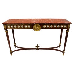 French Console Napoleon III Style Mahogany and Brass with Porcelain Plaques