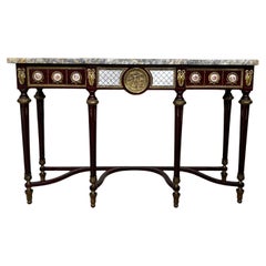French Console Napoleon III Style Mahogany and Brass with Porcelain Plaques