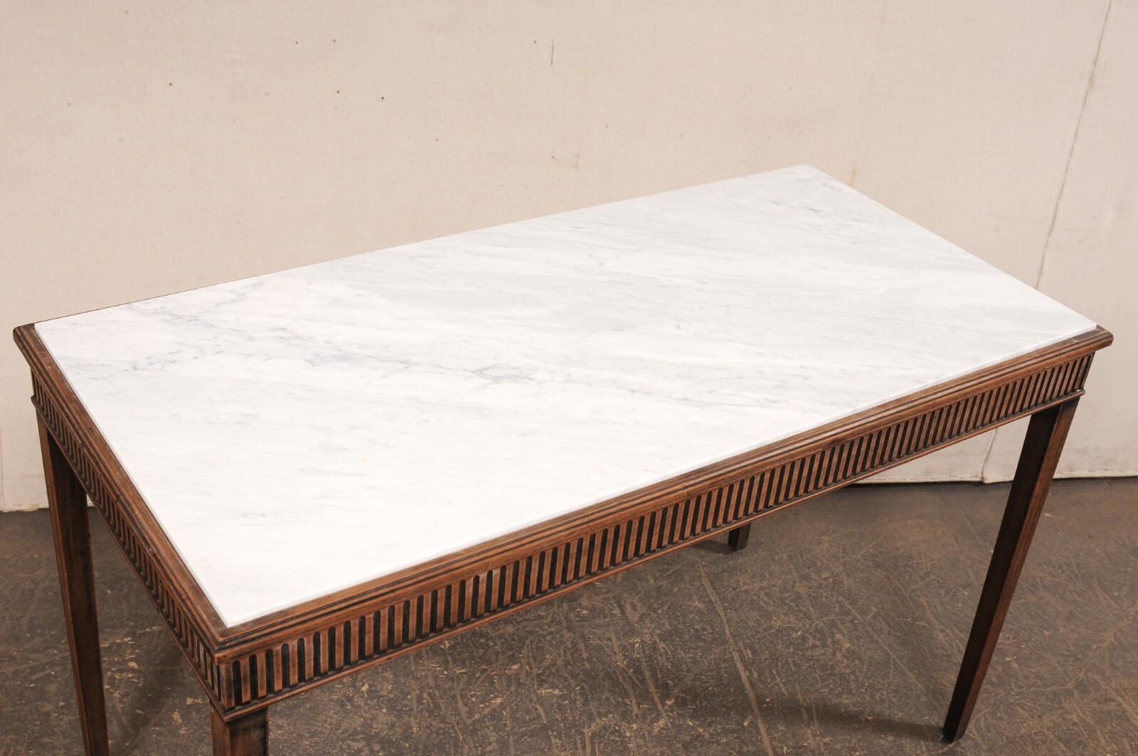 20th Century French Console Table w/Honed Marble Top & Reed Carved Apron on All Sides For Sale
