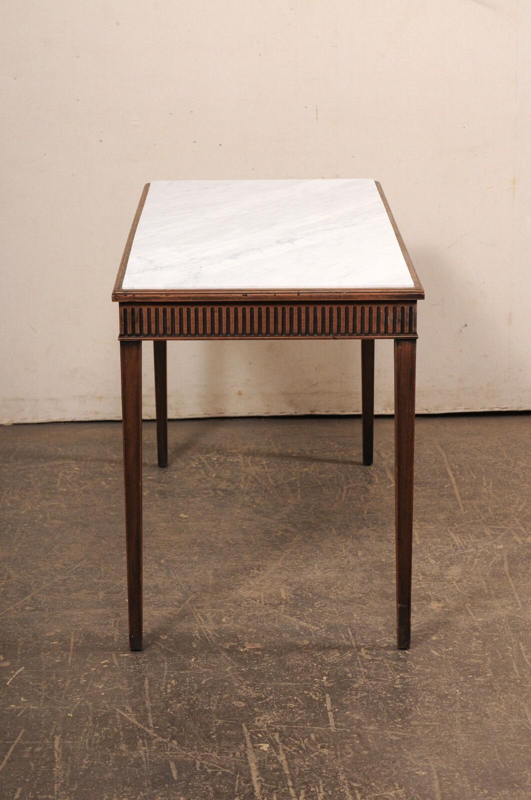 French Console Table w/Honed Marble Top & Reed Carved Apron on All Sides For Sale 1