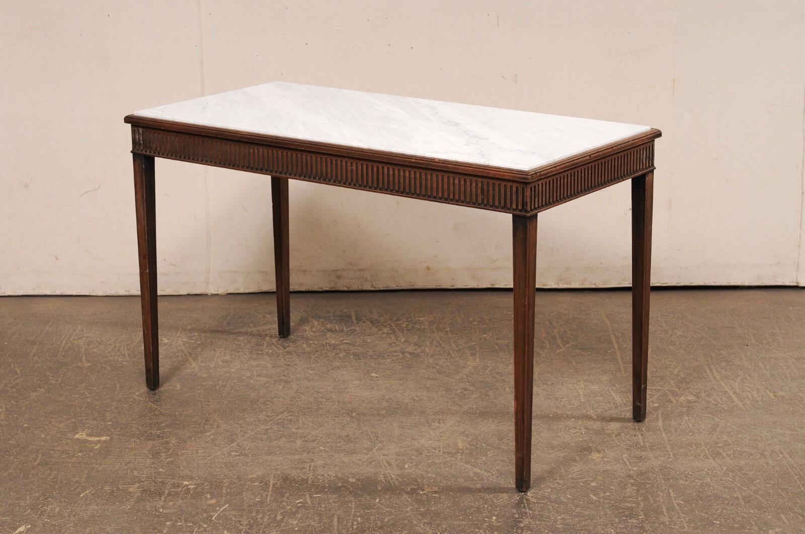 French Console Table w/Honed Marble Top & Reed Carved Apron on All Sides For Sale 2