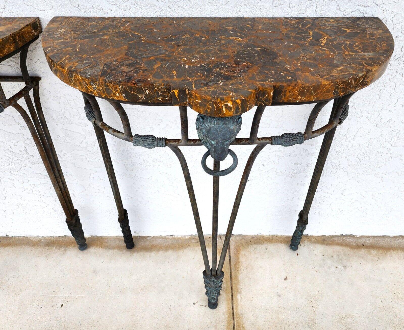 For FULL item description click on CONTINUE READING at the bottom of this page.

Offering One Of Our Recent Palm Beach Estate Fine Furniture Acquisitions Of A 
Vintage Pair of French Console Tables by MAITLAND SMITH
Featuring Iron supports adorned