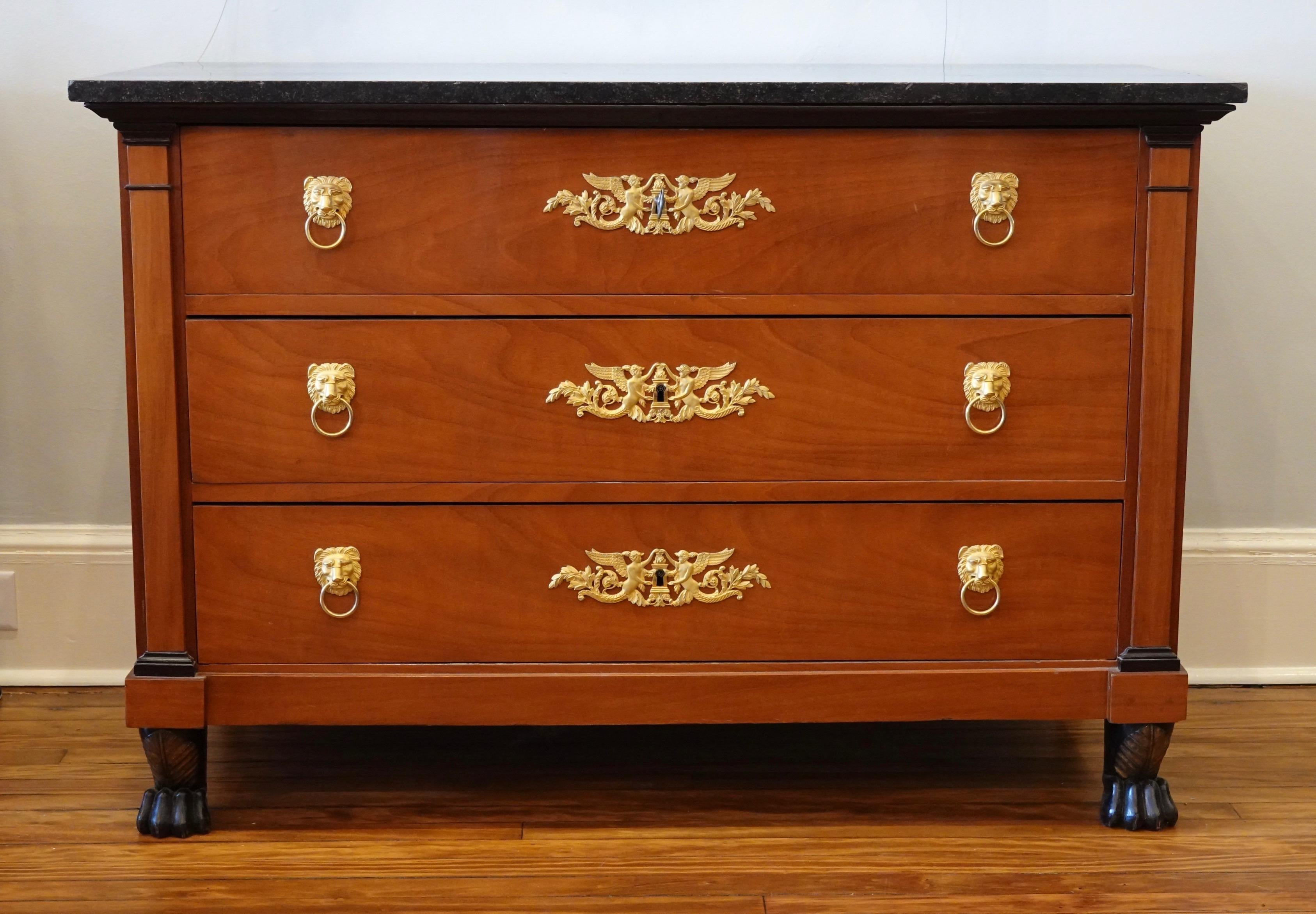 Directoire French Consulat Mahogany Period Commode with Paw Feet and Fossil Marble Top For Sale