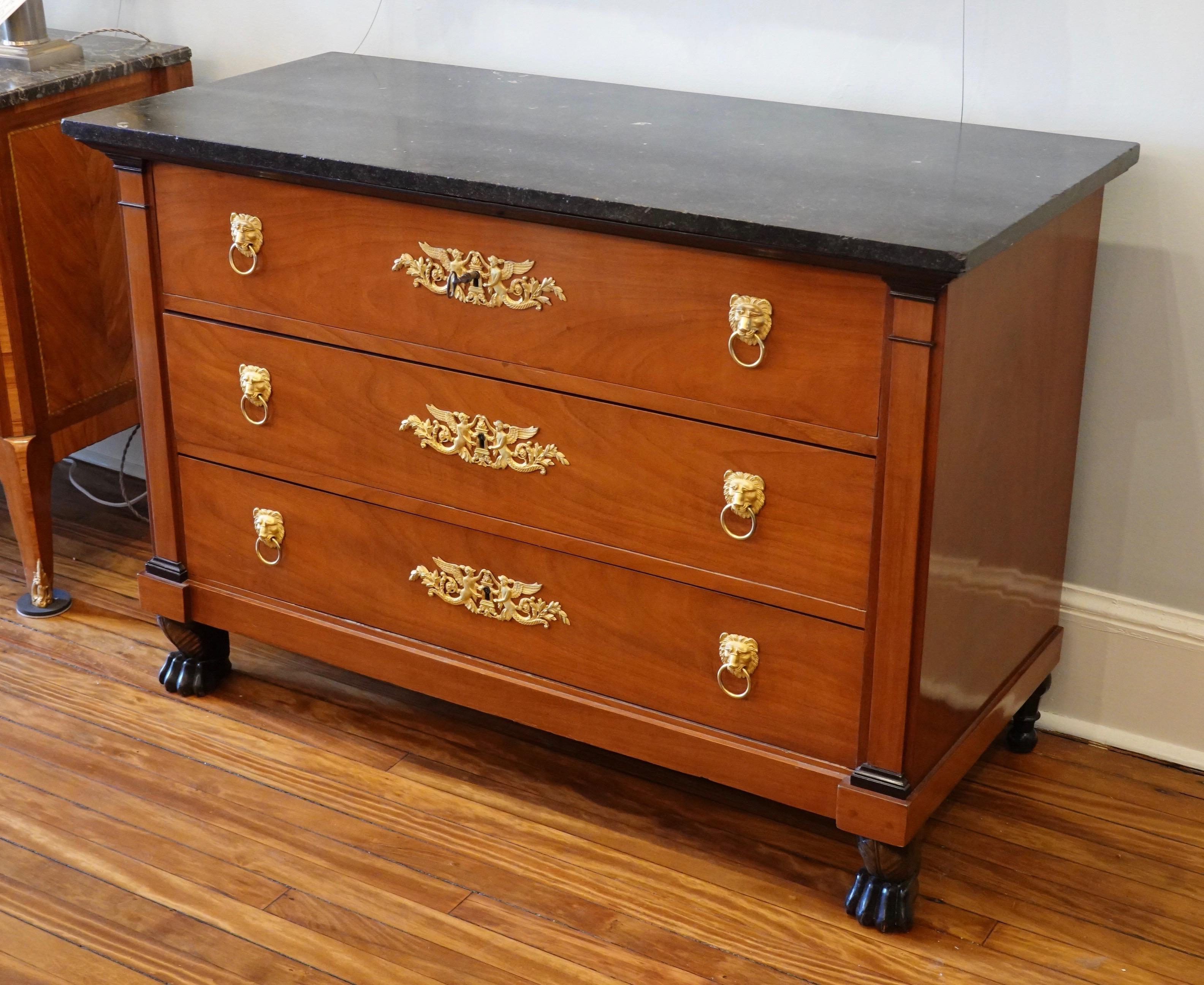 Ebonized French Consulat Mahogany Period Commode with Paw Feet and Fossil Marble Top For Sale