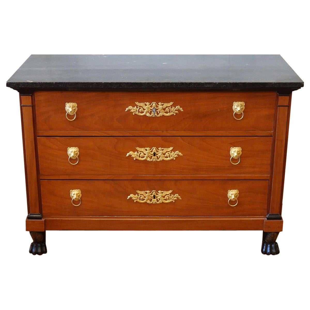 French Consulat Mahogany Period Commode with Paw Feet and Fossil Marble Top For Sale