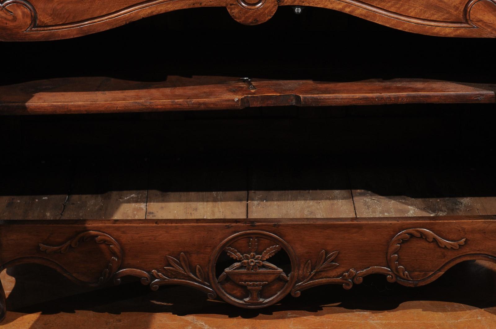 19th Century French Consulate Period 1800s Walnut Buffet with Carved Foliage and Urn Motifs