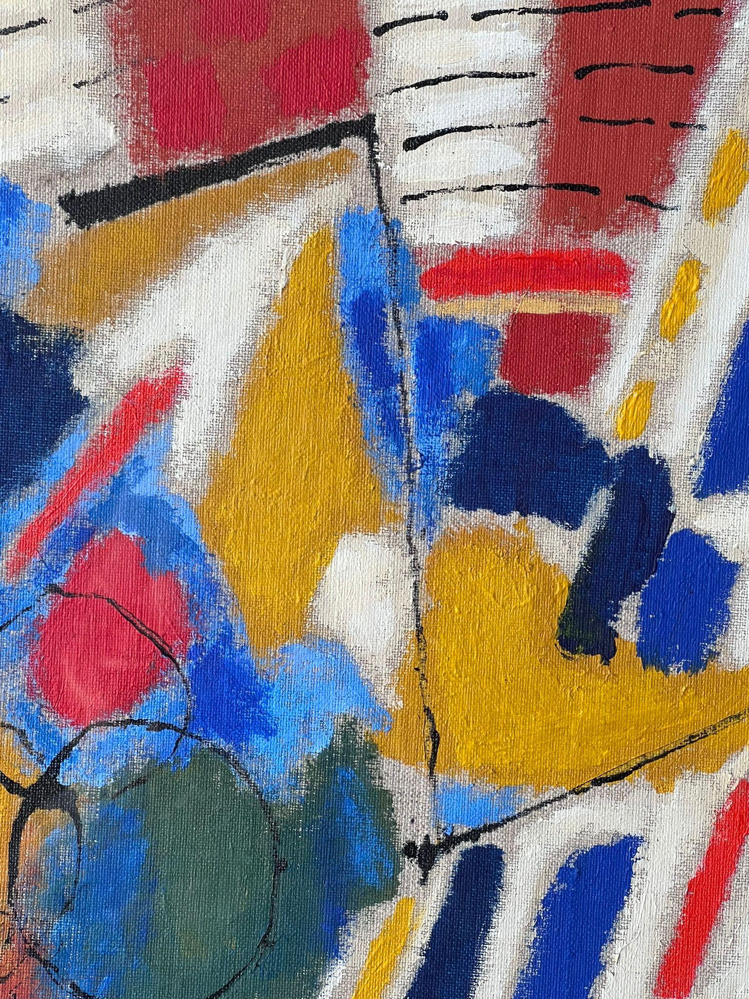 Bright French Modernist Cubist Signed Oil Painting Shapes and Form For Sale 1