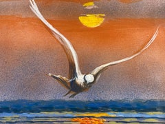 Seagull in Flight Sunset Seascape, Signed Large Oil Painting