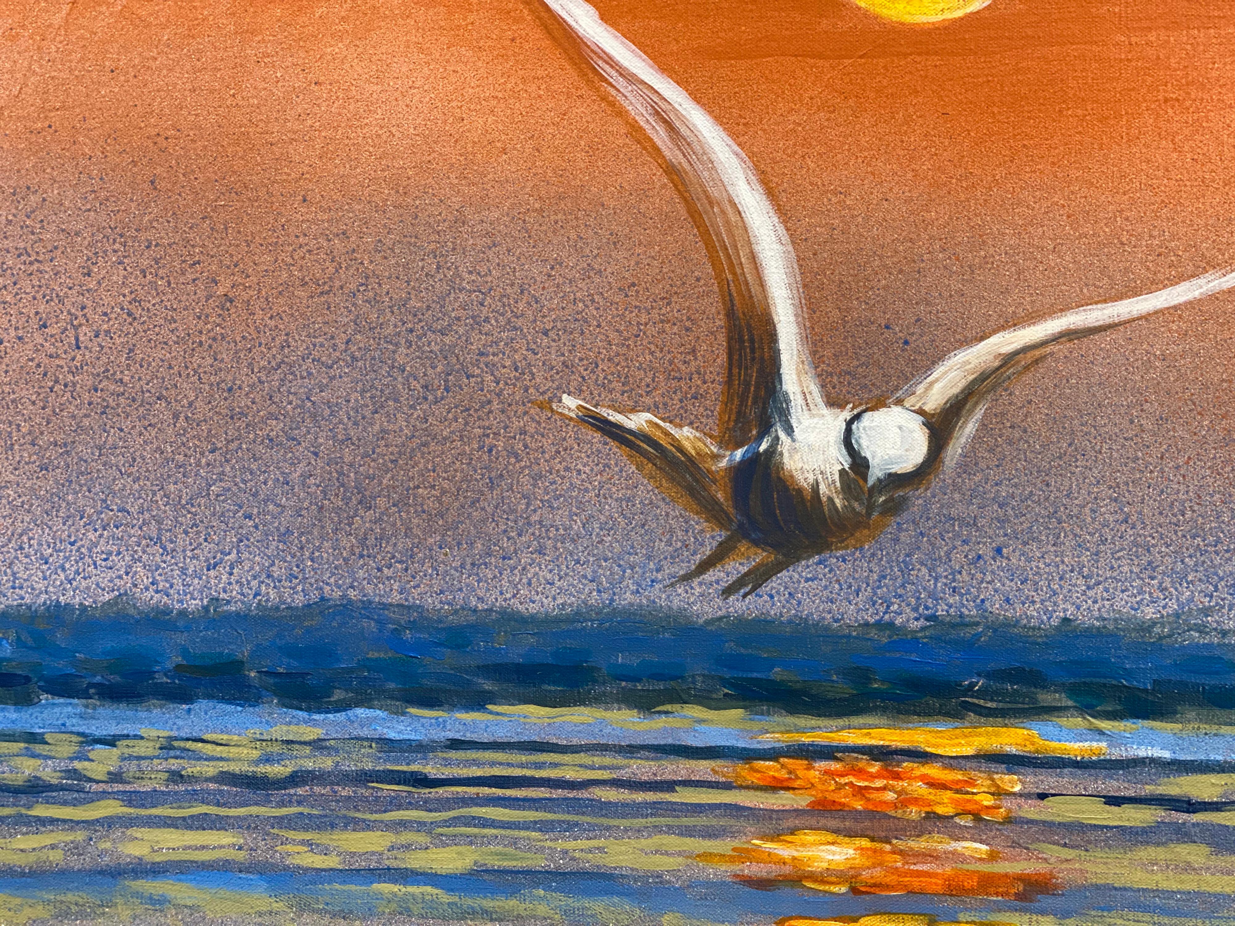 Seagull in Flight Sunset Seascape, Signed Large Oil Painting - Brown Animal Painting by French Contemporary