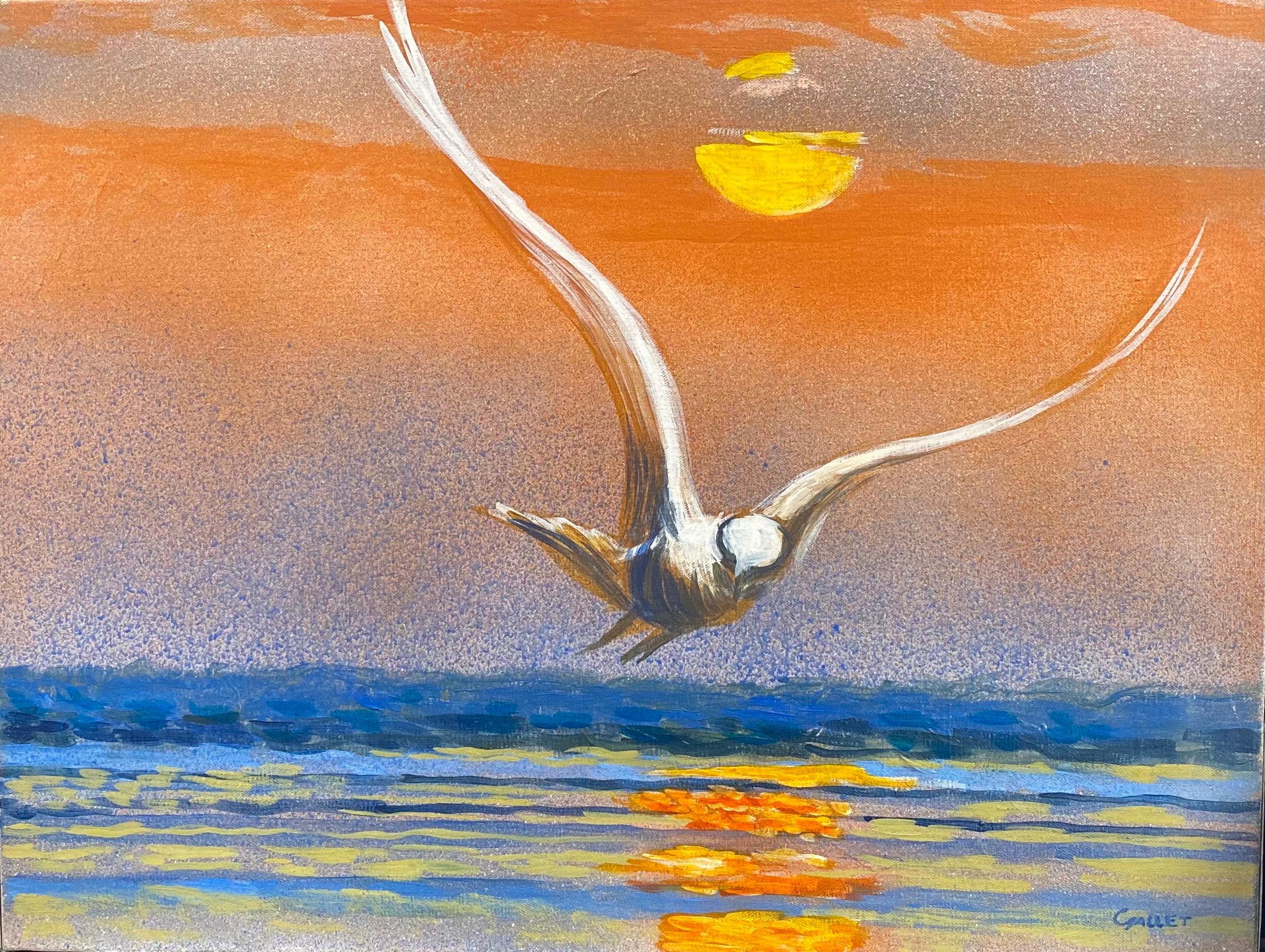 French Contemporary Animal Painting - Seagull in Flight Sunset Seascape, Signed Large Oil Painting