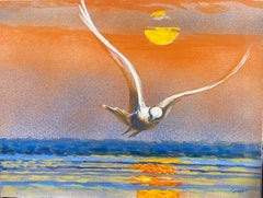 Seagull in Flight Sunset Seascape, Signed Large Oil Painting