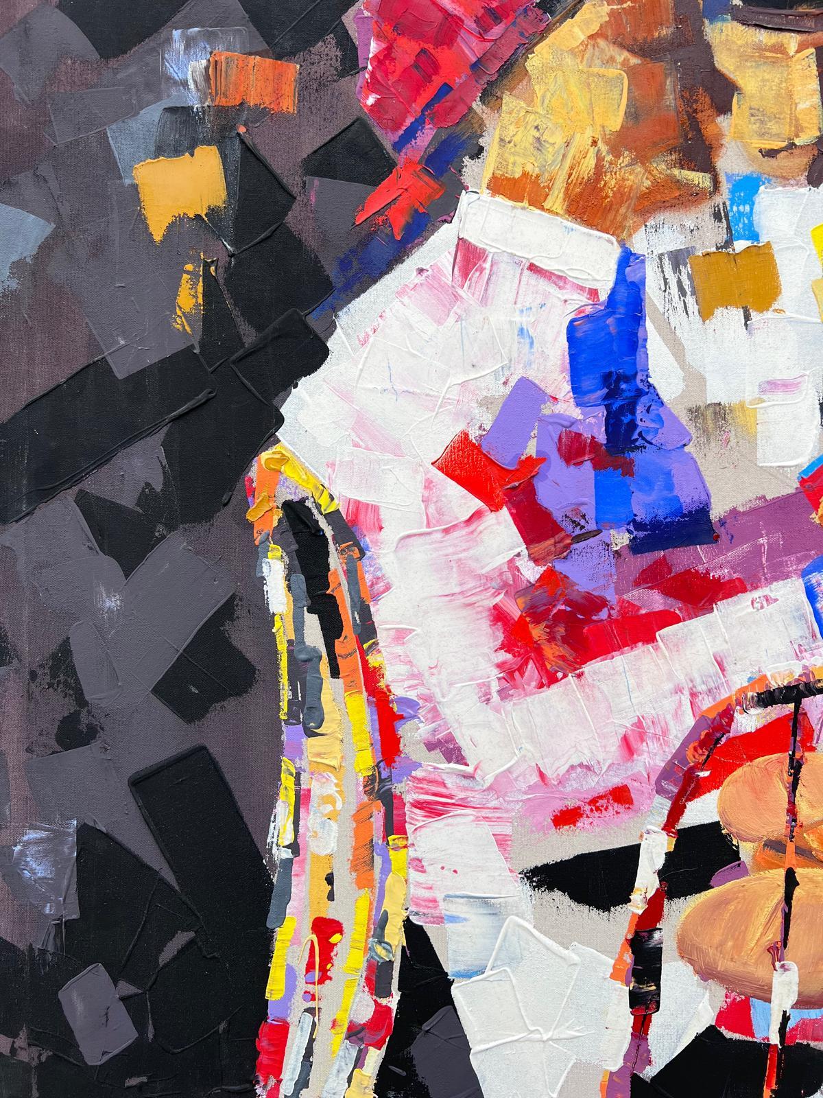 Très grande peinture à l'huile française colorée Groupe de personnages discutant dans un café-parc en vente 6