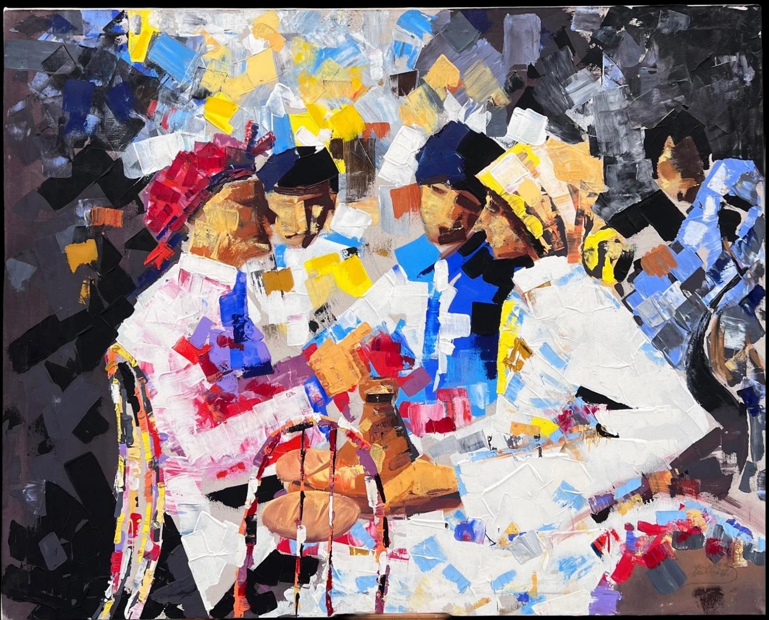 Très grande peinture à l'huile française colorée Groupe de personnages discutant dans un café-parc - Painting de French Contemporary
