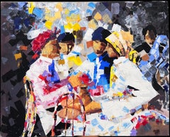 Very Large Colorful French Oil Painting Group of Figures Chatting in Cafe Park