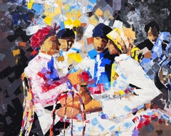 Very Large Colorful French Oil Painting Group of Figures Chatting in Cafe Park
