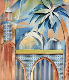 Townes, scène de ville nord-africaine, arbre de Plam et bâtiments Peinture moderniste signée