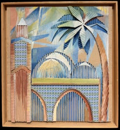 Townes, scène de ville nord-africaine, arbre de Plam et bâtiments Peinture moderniste signée