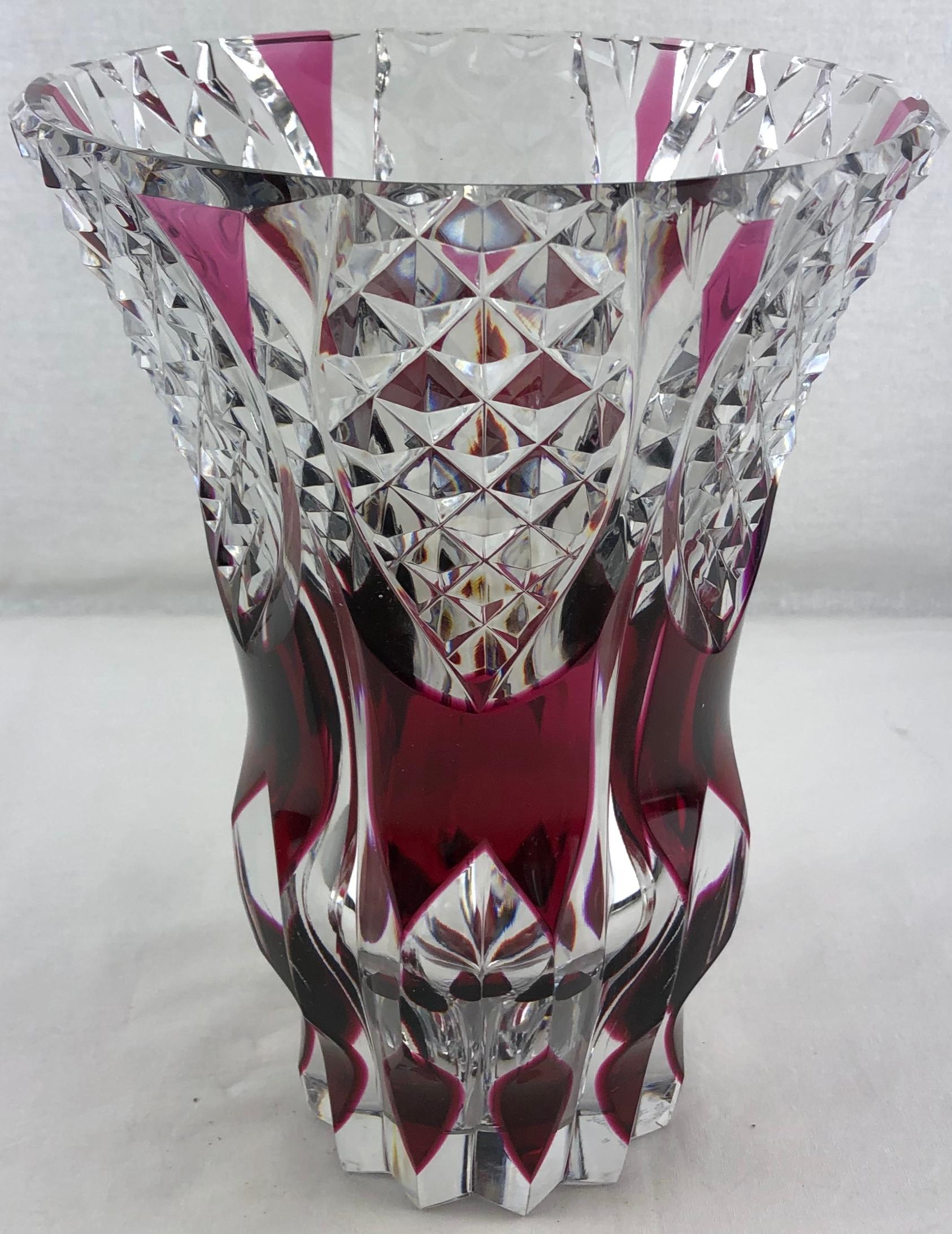 Hand-Crafted French Cut Crystal Flower Vase Amethyst or Pink Red  For Sale