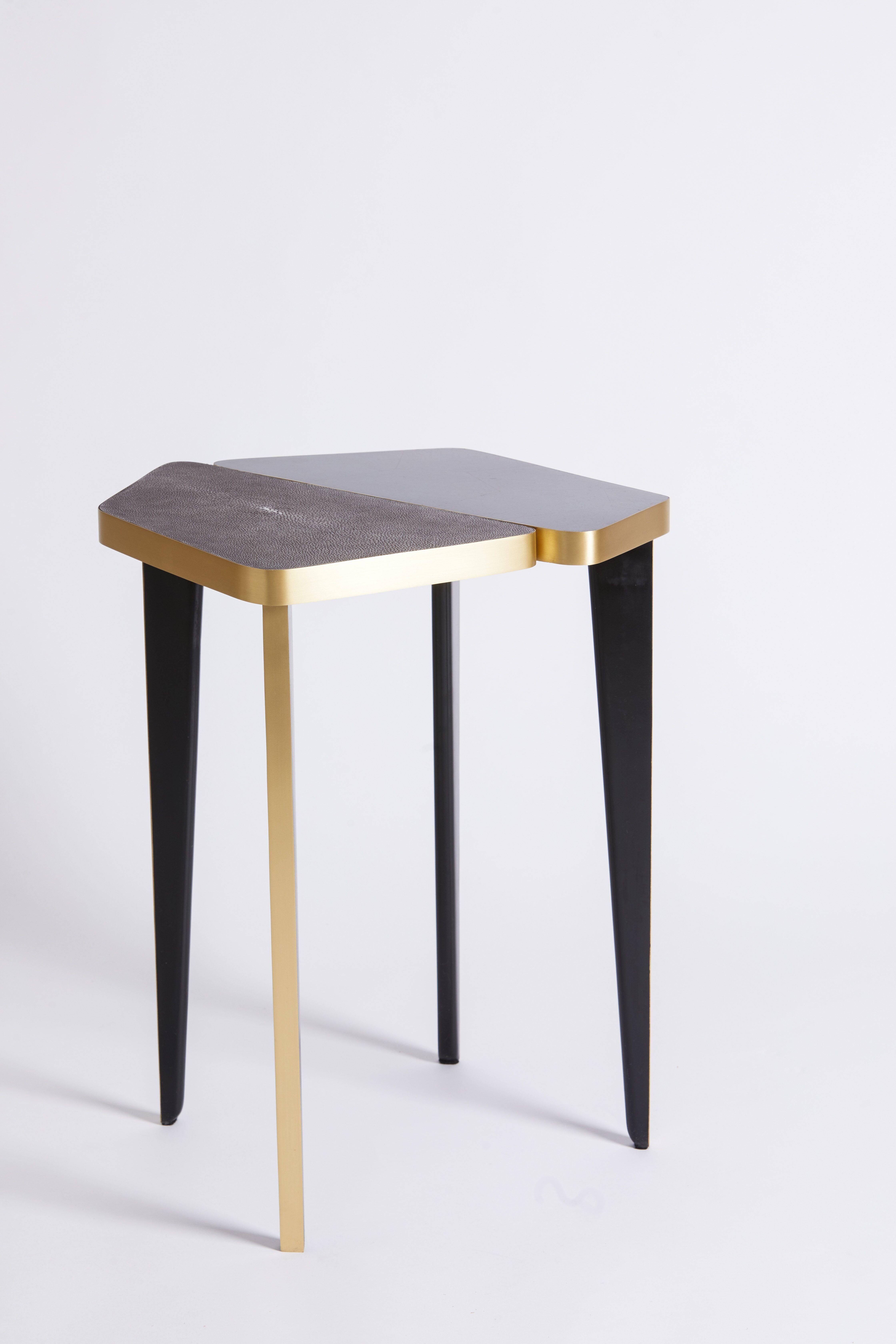French contemporary black, grey, and bronze detailed side table with carbon shagreen and marquetry.