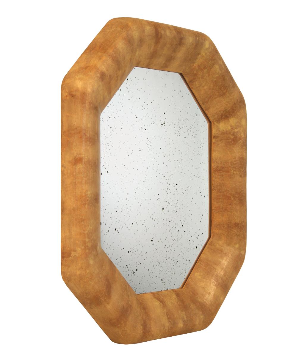 Contemporary artistic mirror. Octogonal shape sculptural composition, hand carved. Original creation of materials and colors. Limited edition, number 4 out of 8. In the back, signed by Pascal & Annie Leniau, year 2002, model 004.