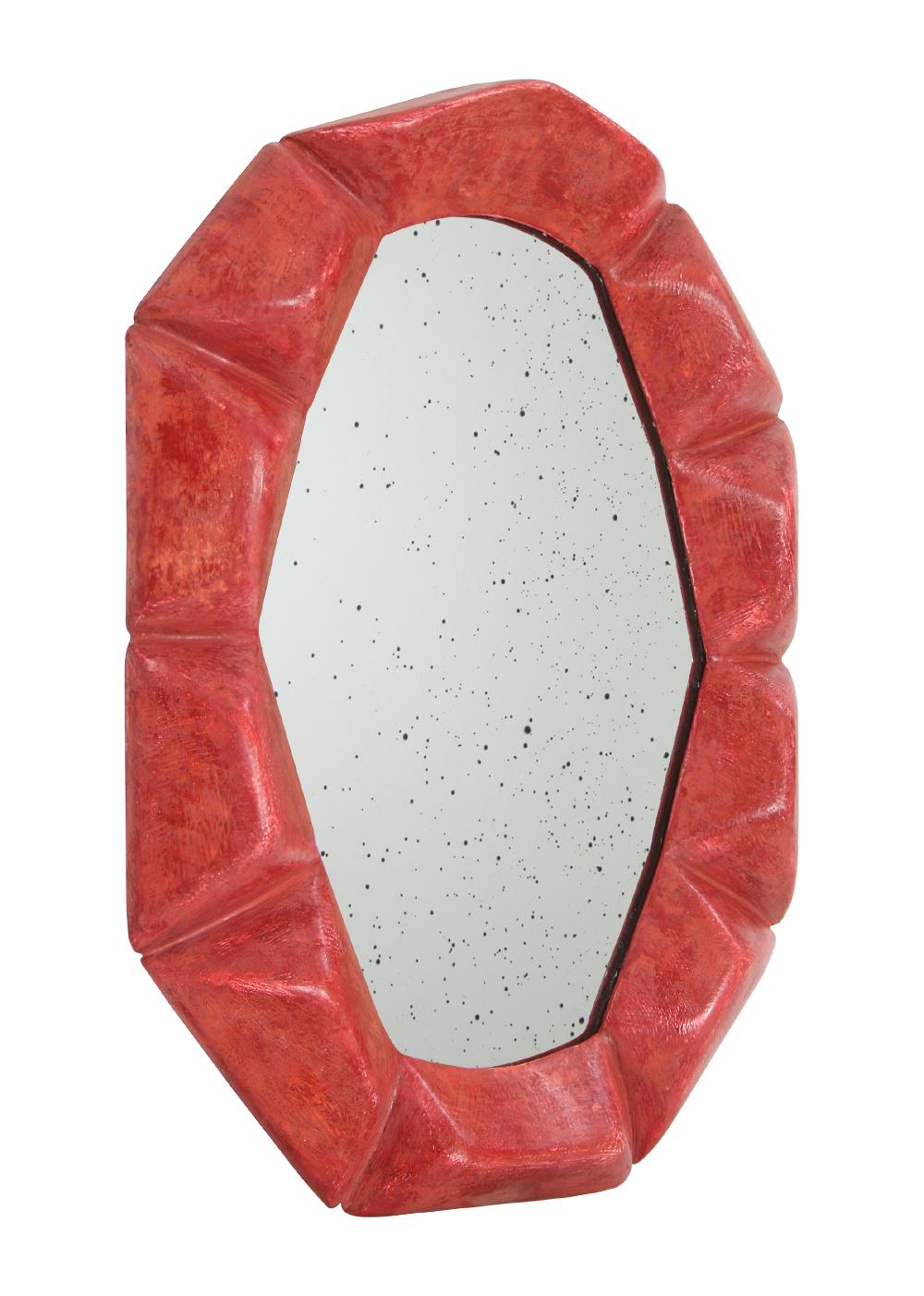 Contemporary artistic mirror. Sculptural composition in the shape of a face, hand carved. Original creation of materials and colors. Limited edition, number 1 out of 8. In the back, signed by Pascal & Annie Leniau, year 2003, model 01 / 08.