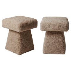 French Contemporary Pair of Portobello Ottomans in Curly Beige Shearling