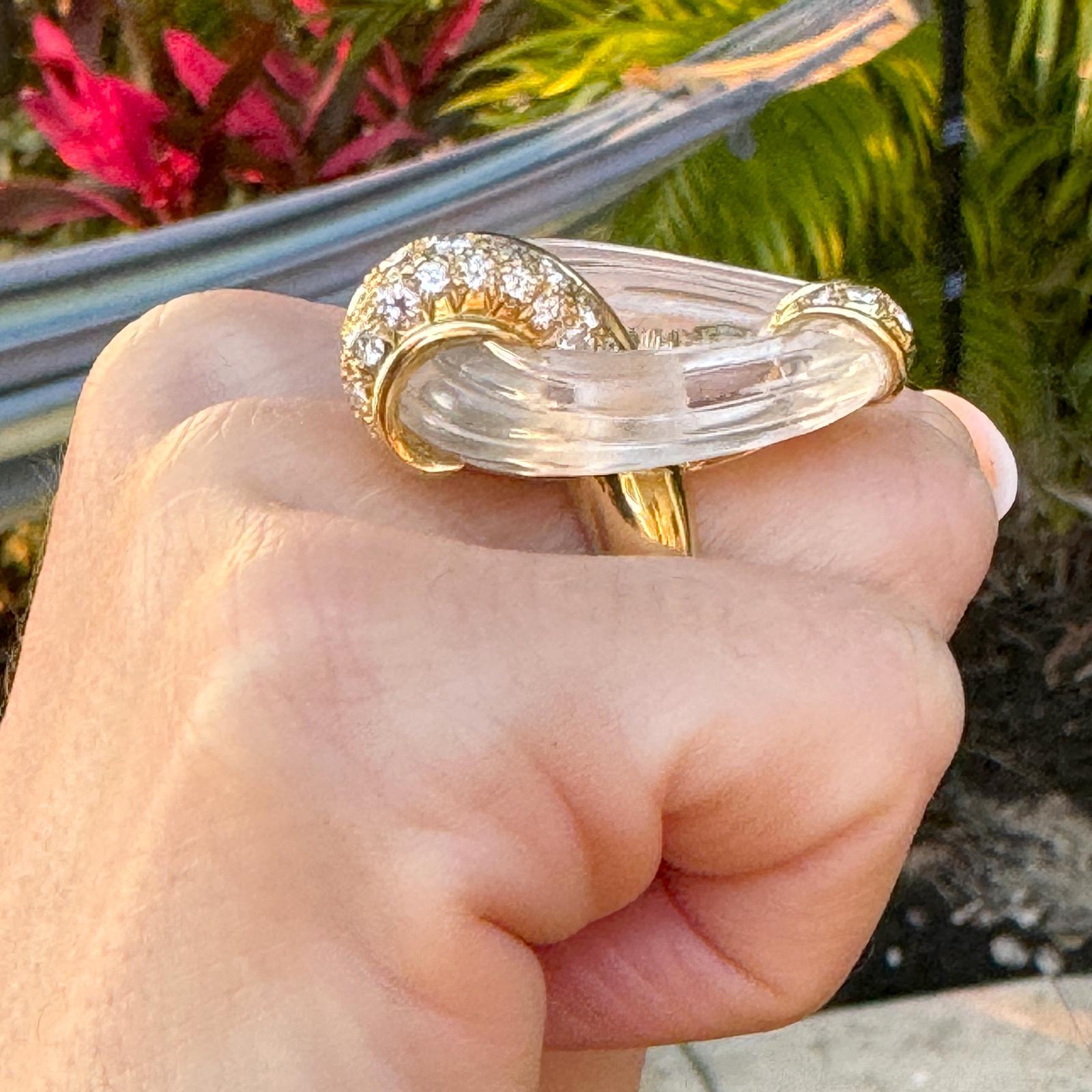 French Contemporary Rock Crystal Diamond 18 Karat Yellow Gold Cocktail Ring In Excellent Condition In Boca Raton, FL