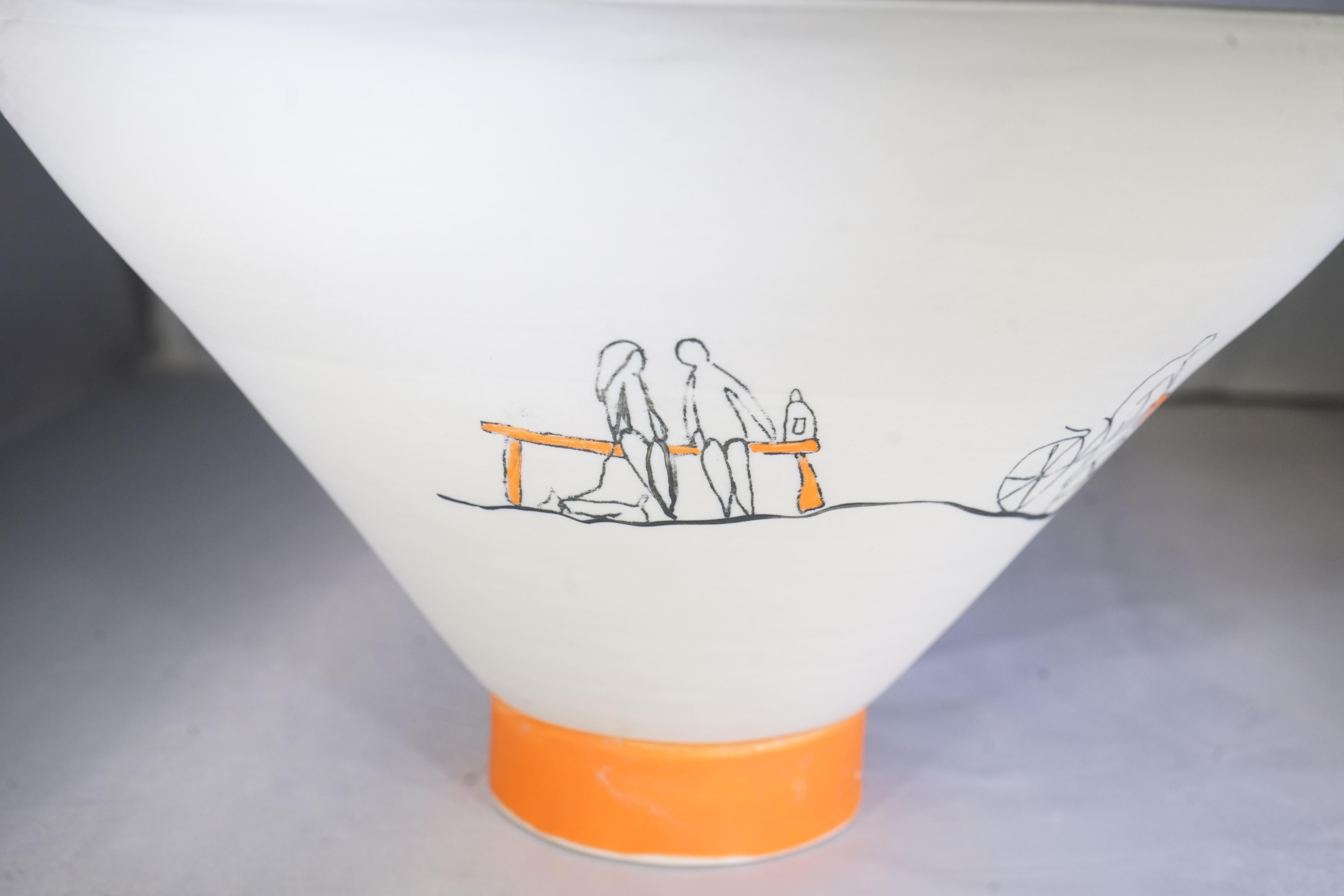 French contemporary white pottery bowl with orange detail and hand painted beach scene.