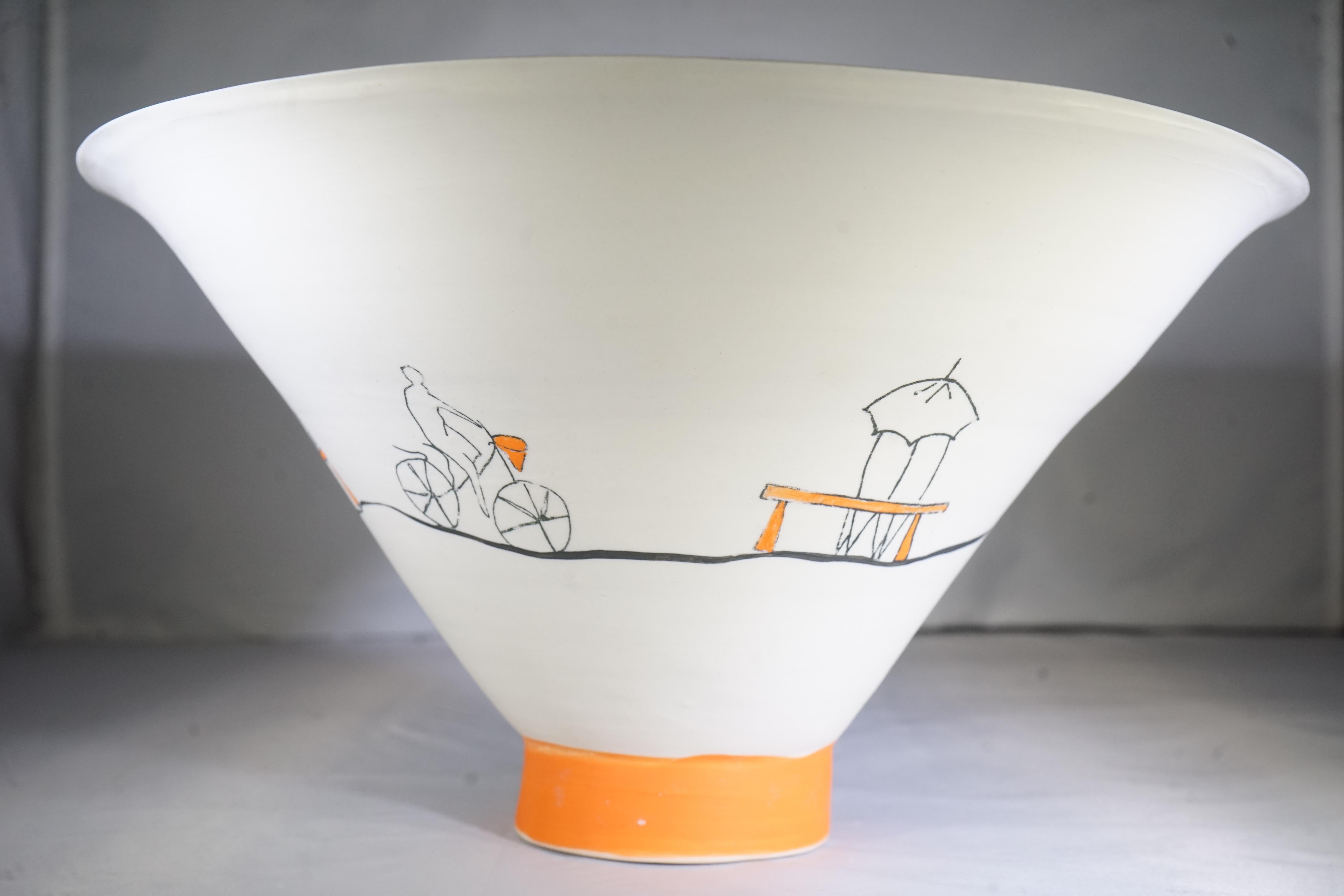 Hand-Painted French Contemporary White & Orange Pottery Bowl with Hand Painted Beach Scene
