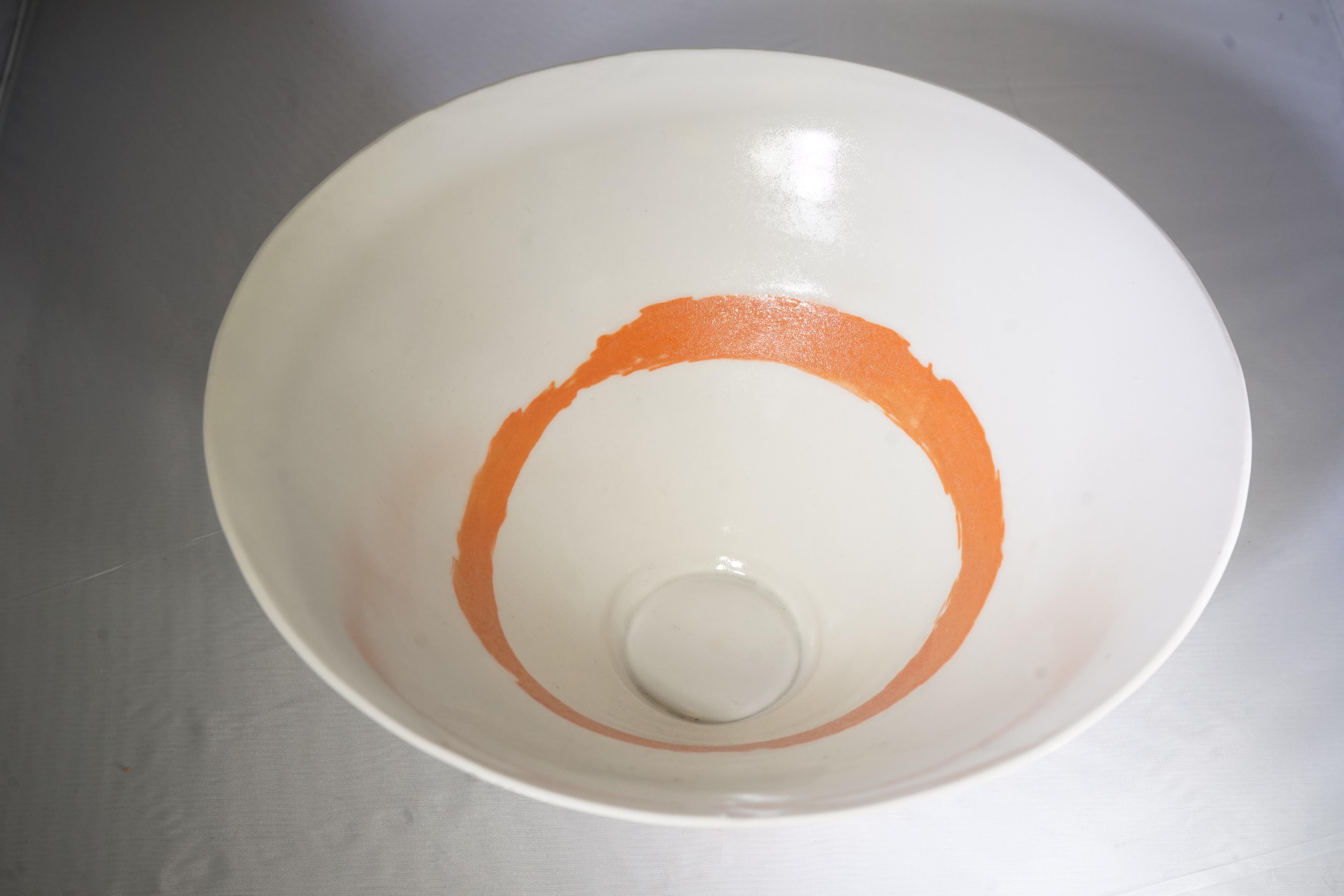 French Contemporary White & Orange Pottery Bowl with Hand Painted Beach Scene In New Condition In Aspen, CO