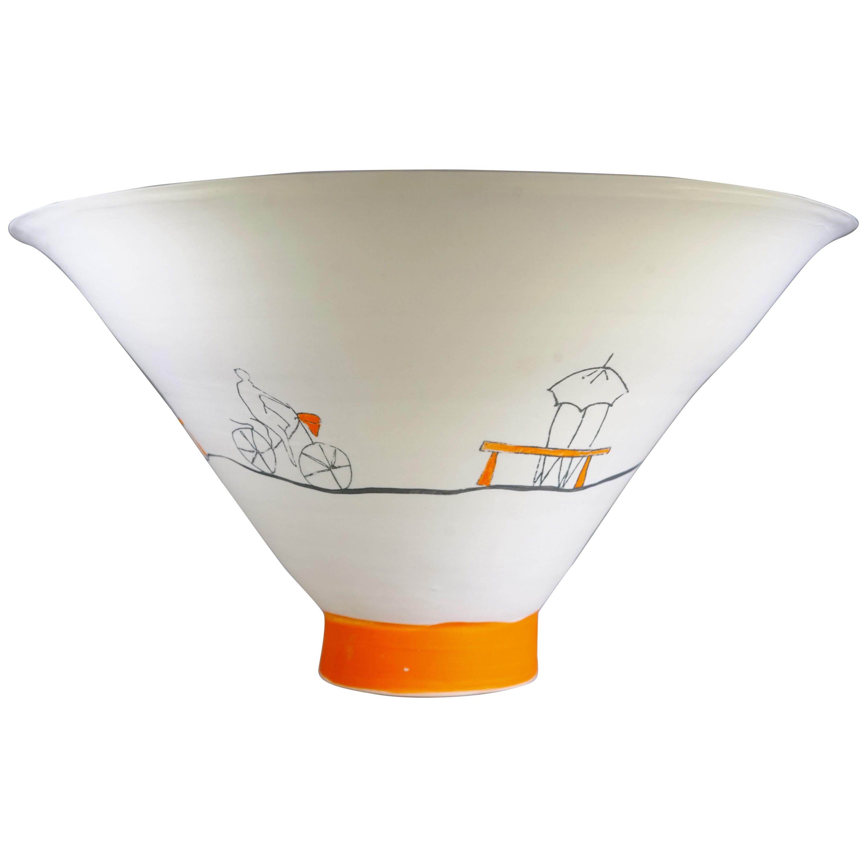French Contemporary White & Orange Pottery Bowl with Hand Painted Beach Scene