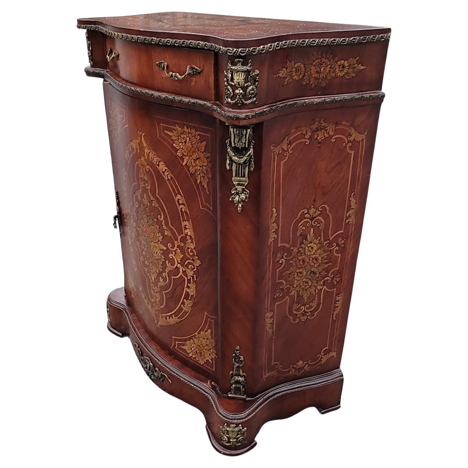 Inlay French Continental Mahogany Marquetry and Metal Decorated Side Console Cabinet For Sale
