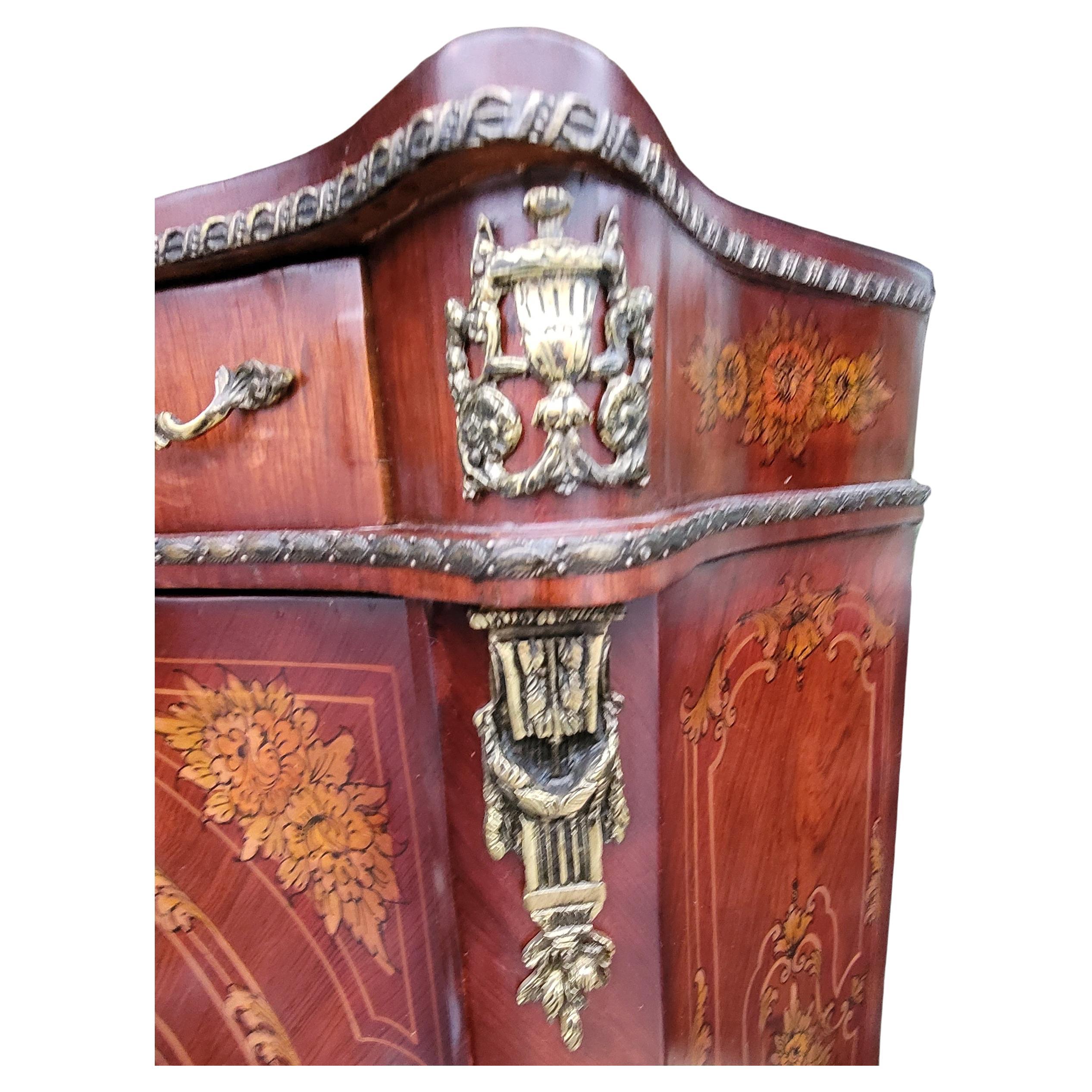 20th Century French Continental Mahogany Marquetry and Metal Decorated Side Console Cabinet For Sale