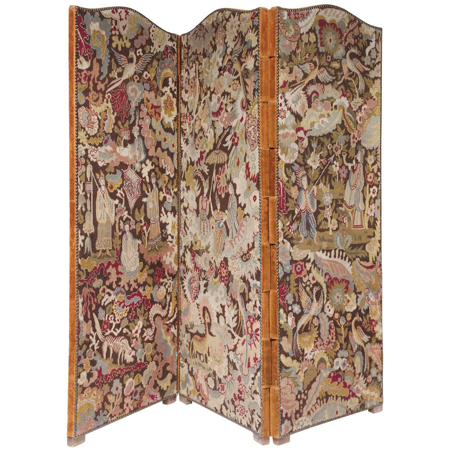 French Continental Three-Panel Needlework Dressing Screen For Sale