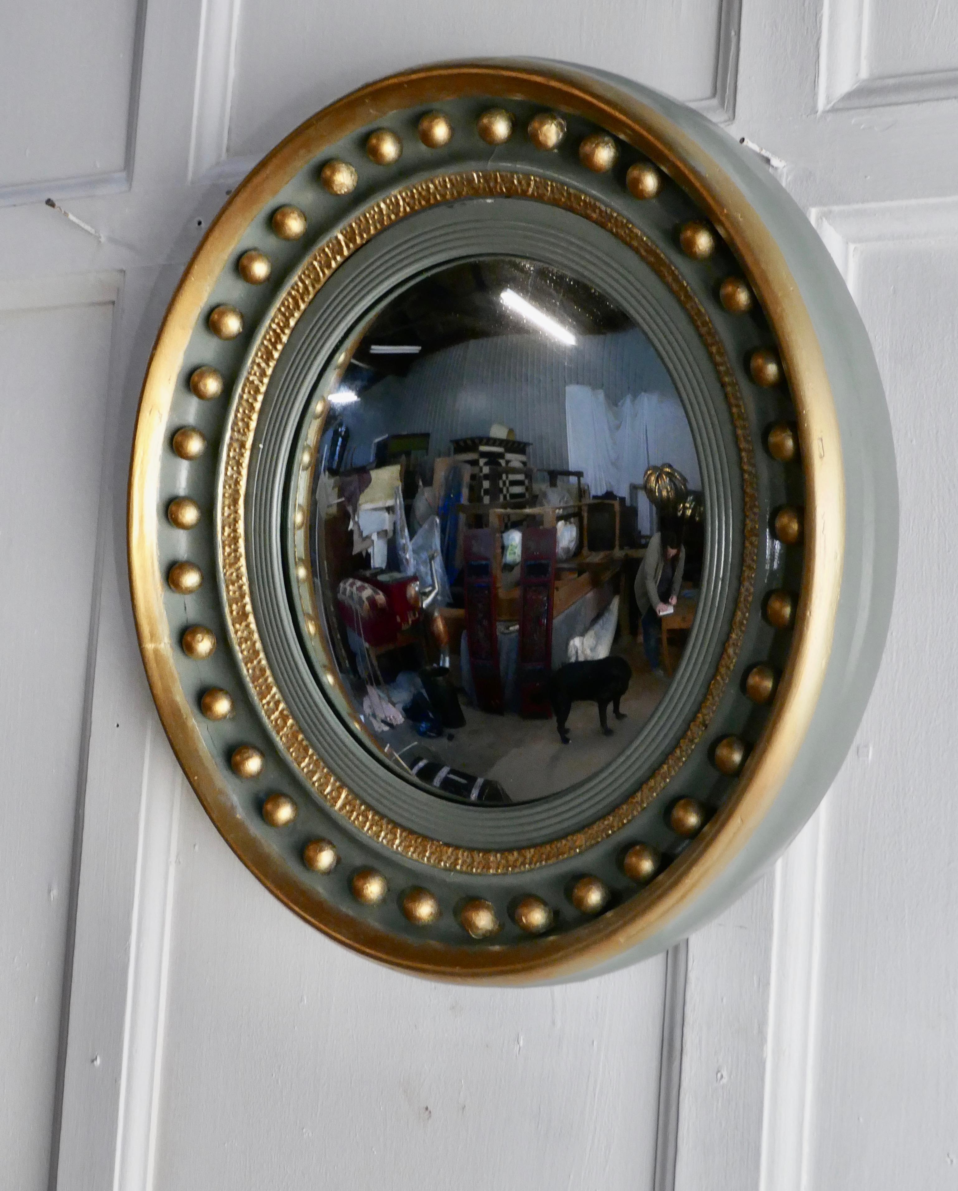 French Provincial French Convex Green and Gold Wall Mirror