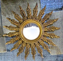 French Convex Sunburst Giltwood Wall Mirror