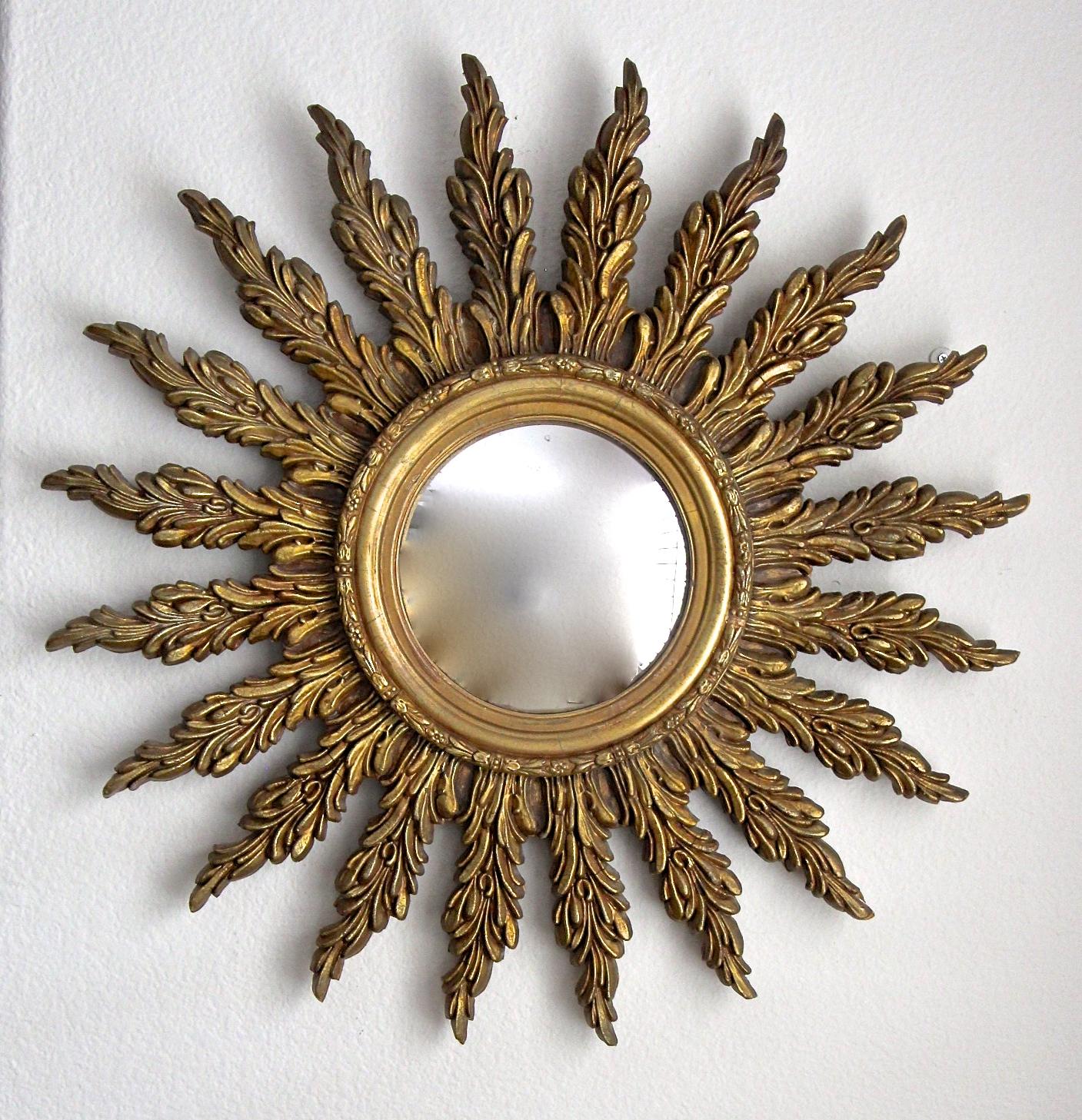Mid-20th Century French Convex Sunburst Giltwood Wall Mirror For Sale