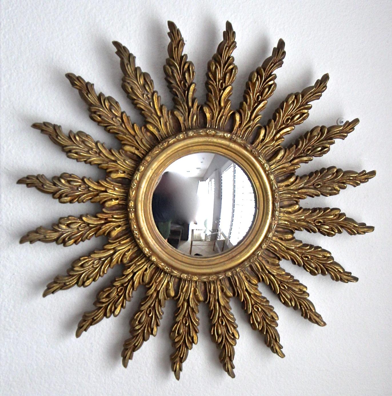 Glass French Convex Sunburst Giltwood Wall Mirror For Sale