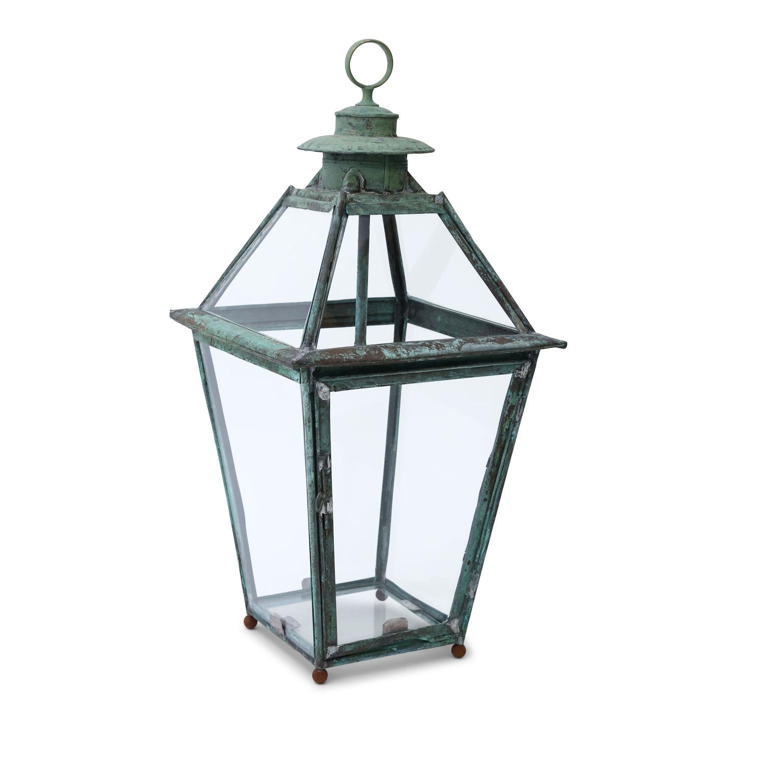 Green Verdigris Copper and Brass French Lantern In Good Condition In Houston, TX