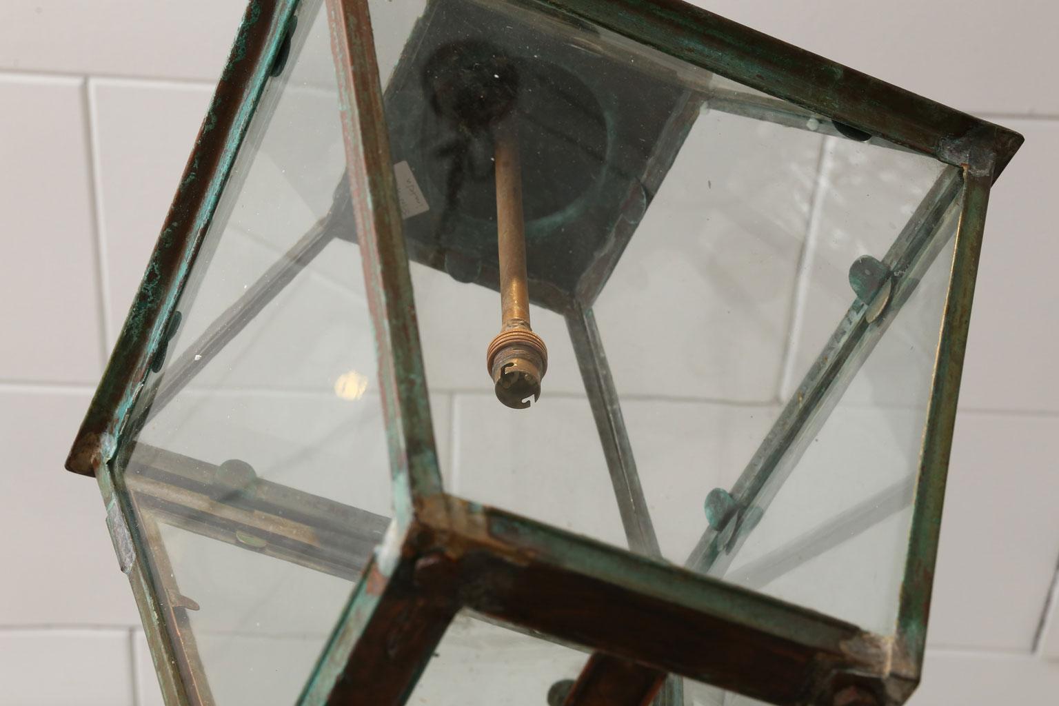 Green-Verdigris Copper and Brass Lantern In Good Condition In Houston, TX