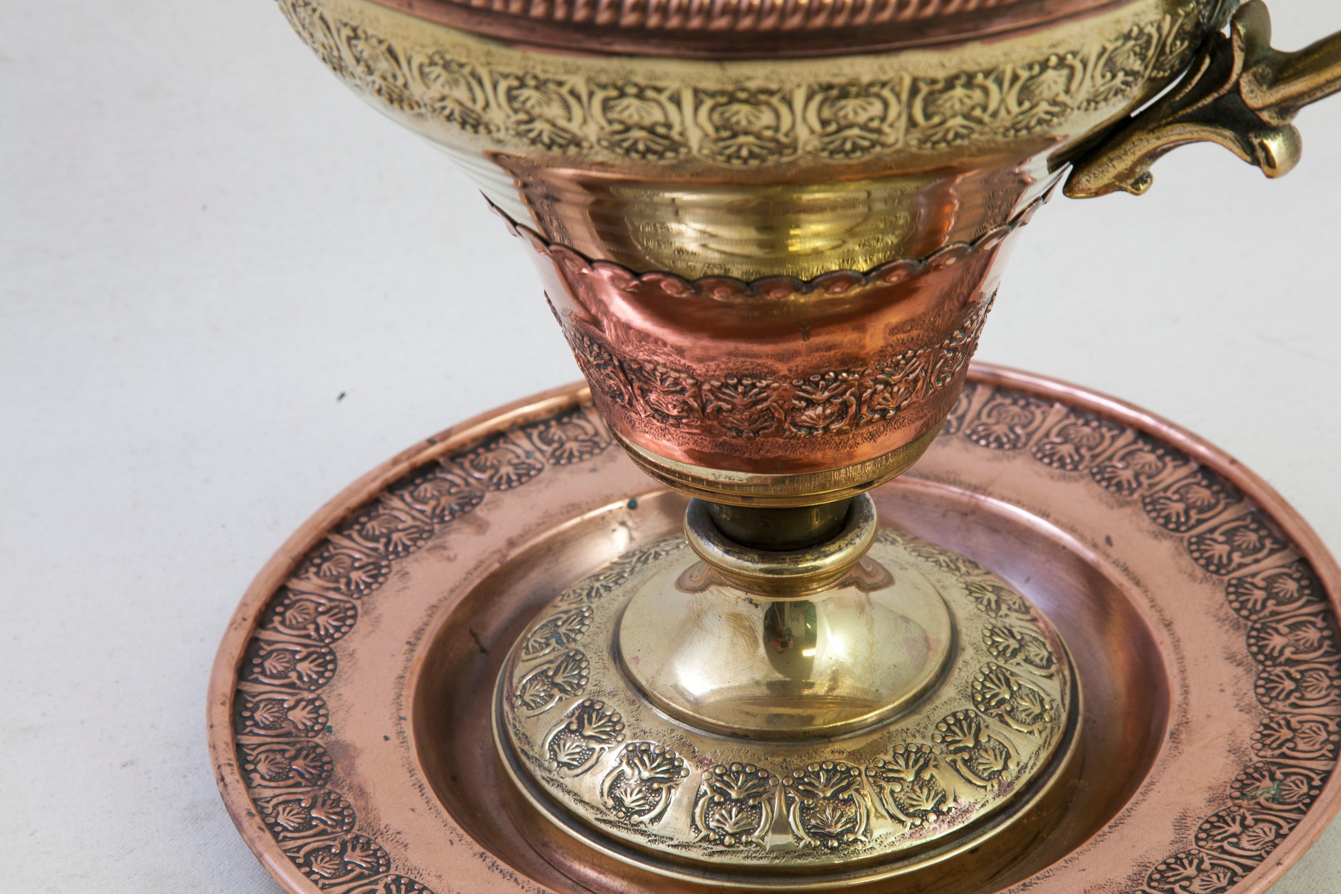 French Copper and Brass Urn or Vase with Original Platter Marked Villedieu For Sale 4