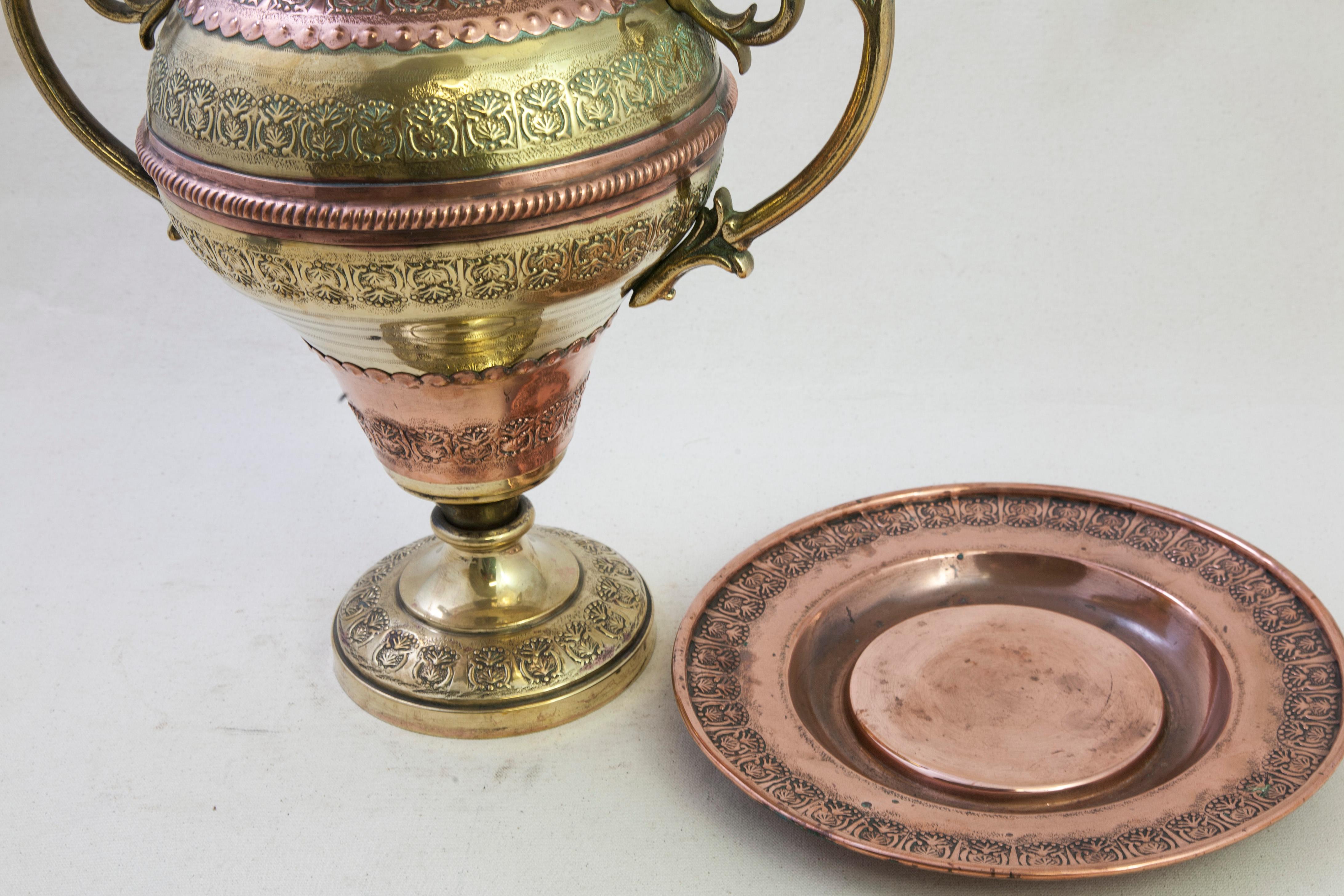 French Copper and Brass Urn or Vase with Original Platter Marked Villedieu For Sale 5
